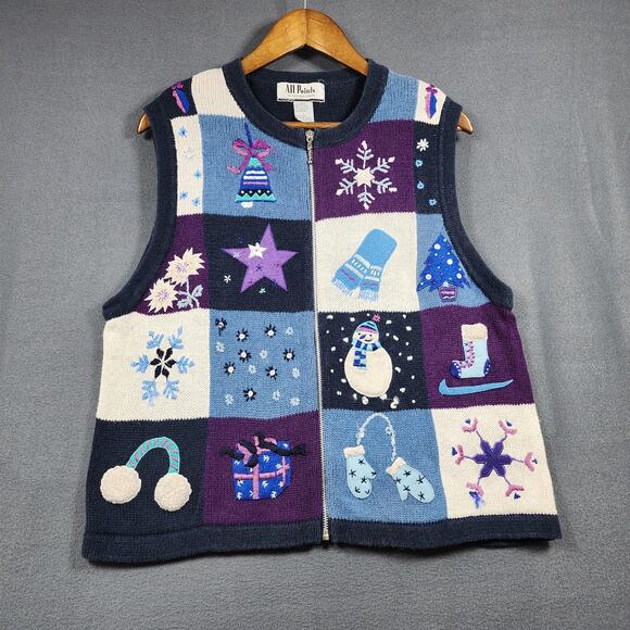 Vintage All Points Womens Knit Vest Large Full Zip Blue Purple Winter Holiday - Picture 1 of 7